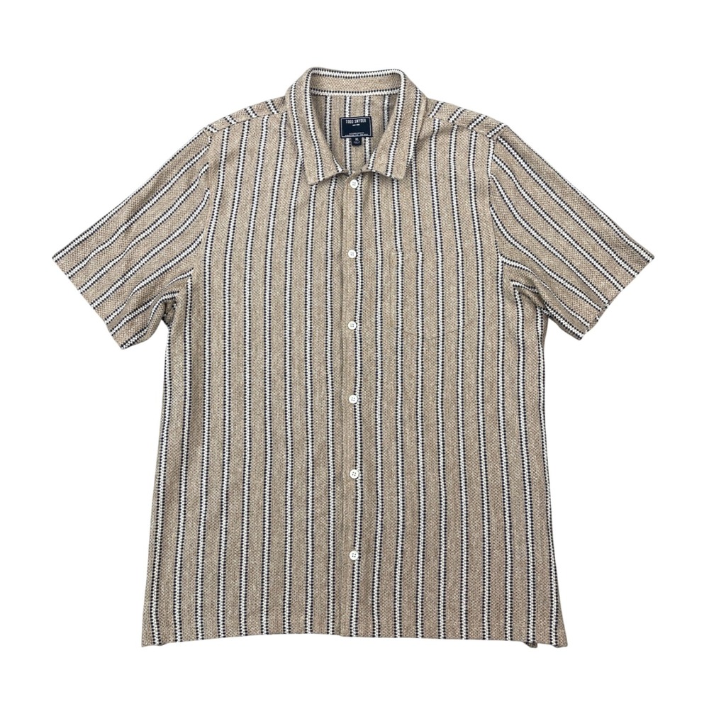 Todd Snyder Button Up Shirt Men XL Pine Cone Tan Navy Stripe Linen Blend Italy